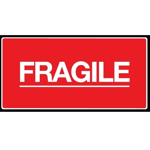 Etykieta ostrzegawczo/informacyjna, z klejem samoprzylepnym i napisem : FRAGILE, informująca o bardzo delikatnych przedmiotach w paczce