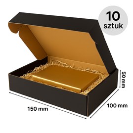 10 czarnych pudełek ustawionych frontem i pod kątem, na jasnym tle.