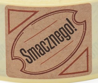 Naklejki papier Kraft 35x40mm Smacznego #3, na rolce 200szt.