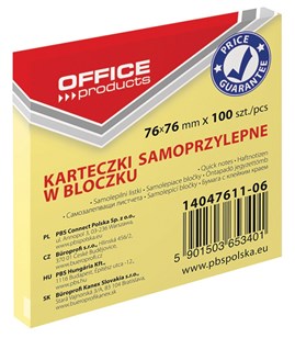 Memo Notes Office Product 75x75mm 100 kartek żółty
