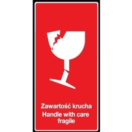 Etykieta samoprzylepna, błyszcząca z napisem ostrzegawczym " Zawartość- krucha " na czerwonym tle i wymiarach 10x5 cm