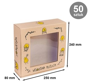 Ujęcie zbiorcze 50 pudełek w kartonie zbiorczym + kilka złożonych frontem z widocznym okienkiem.
