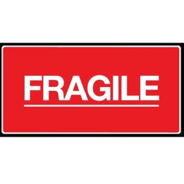 Etykieta ostrzegawczo/informacyjna, z klejem samoprzylepnym i napisem : FRAGILE, informująca o bardzo delikatnych przedmiotach w paczce