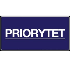 Niebieska etykieta z białym napisem : PRIORYTET o wymiarach 100x50mm