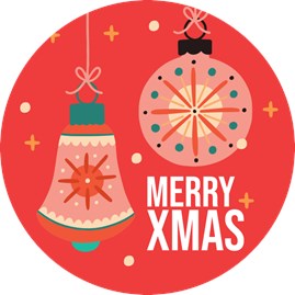 Naklejki okrągłe Czerwone Merry Xmas Bombki Fi30mm, 200szt