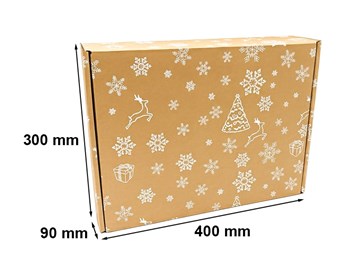 Karton świąteczny 400x300x90 mm szary z białymi śnieżynkami, choinkami i reniferami