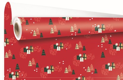 Papier ozdobny czerwony PREZENTY, 69cm/50m