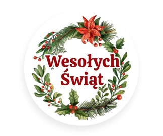 Naklejki okrągłe Białe Fi30mm Wesołych Świąt Wieniec, 200szt