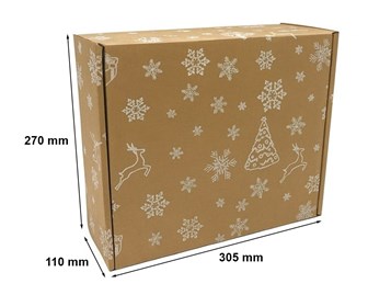 Karton świąteczny 305x270x110 mm szary z białymi śnieżynkami, choinkami i reniferami