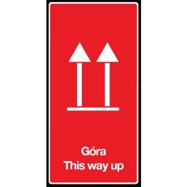 Etykieta samoprzylepna, błyszcząca z napisem ostrzegawczym " Tą stroną do góry " i wymiarach 10x5 cm
